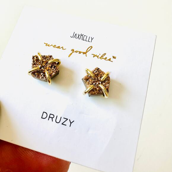 NEW FREE PEOPLE JaxKelly Natural Rose Druzy Gold Circle Earring Studs Jewelry - Picture 2 of 6